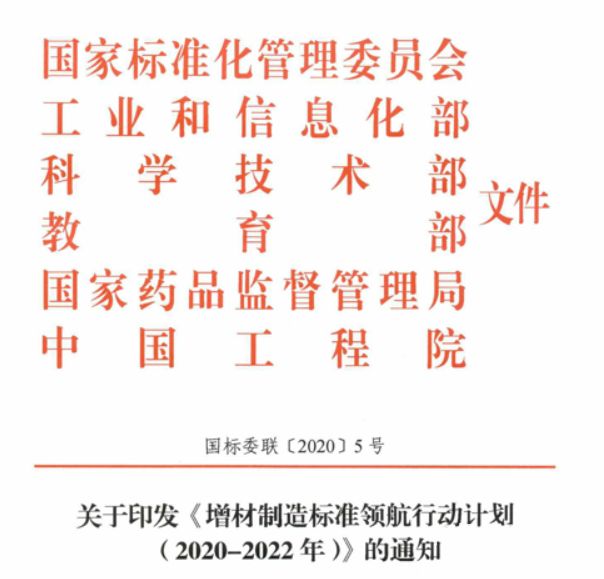重磅通知：工信部等6部门印发《增材制造标准领航行动计划 (2020-2022年）》
